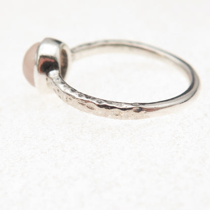 925 Sterling Silver Vintage Real Rose Quartz Hammered Ring Size 8.25