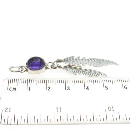 EDE NAVAJO Sterling Silver Vintage Southwestern Real Amethyst Feather Pendant