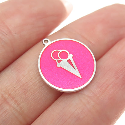 Tokemoti 925 Sterling Silver Pink Enamel Ice Cream Round Tag Minimalist Pendant