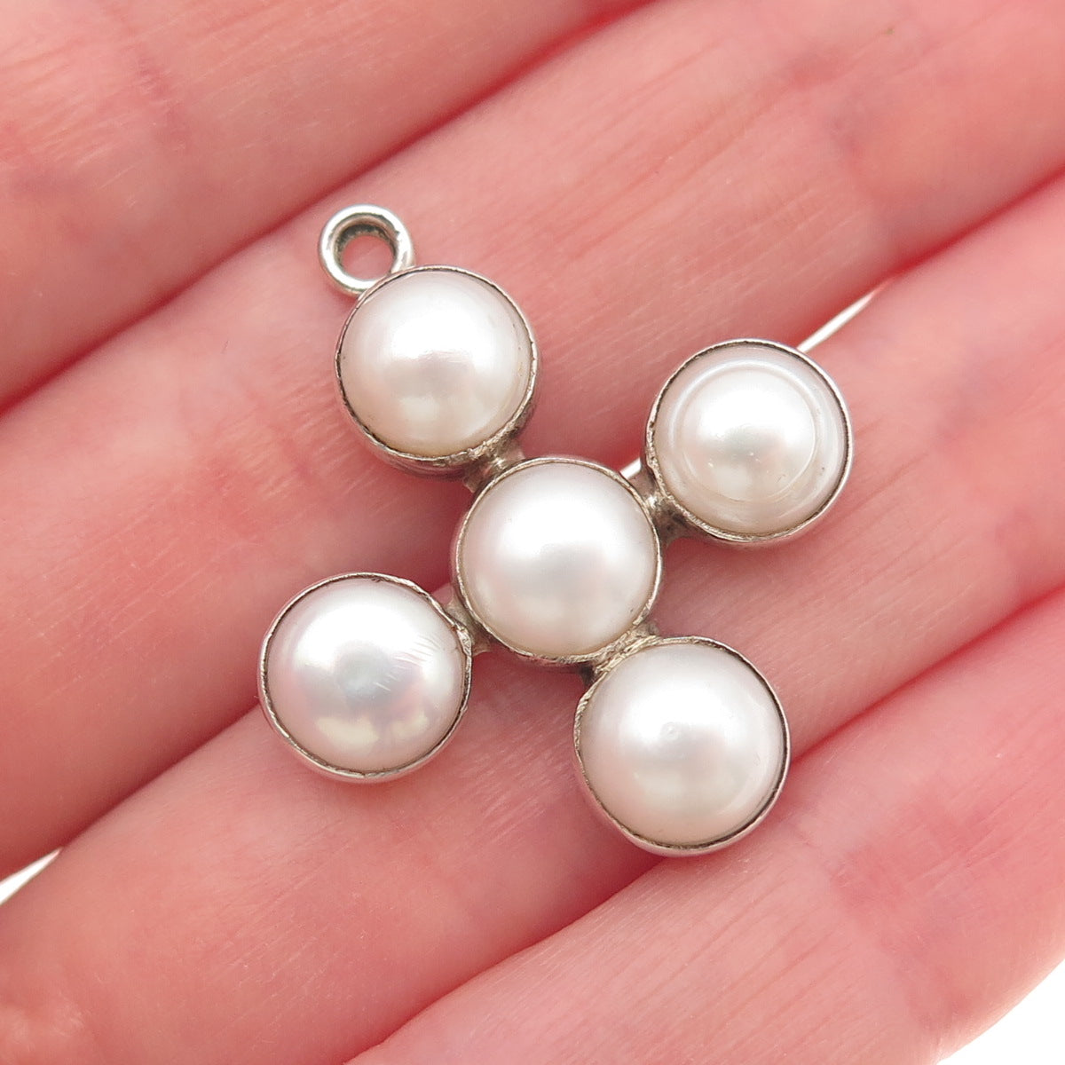 925 Sterling Silver Vintage Real Pearl Cross Beaded Charm Pendant