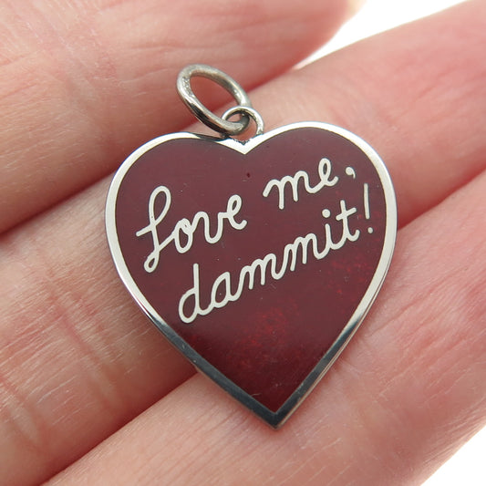 925 Sterling Silver Vintage Red Enamel "Love Me, Dammit!" Heart Pendant