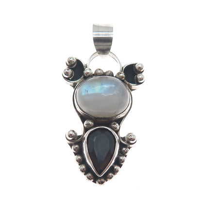 925 Sterling Silver Vintage Real Moonstone & Black Spinel Beaded Pendant