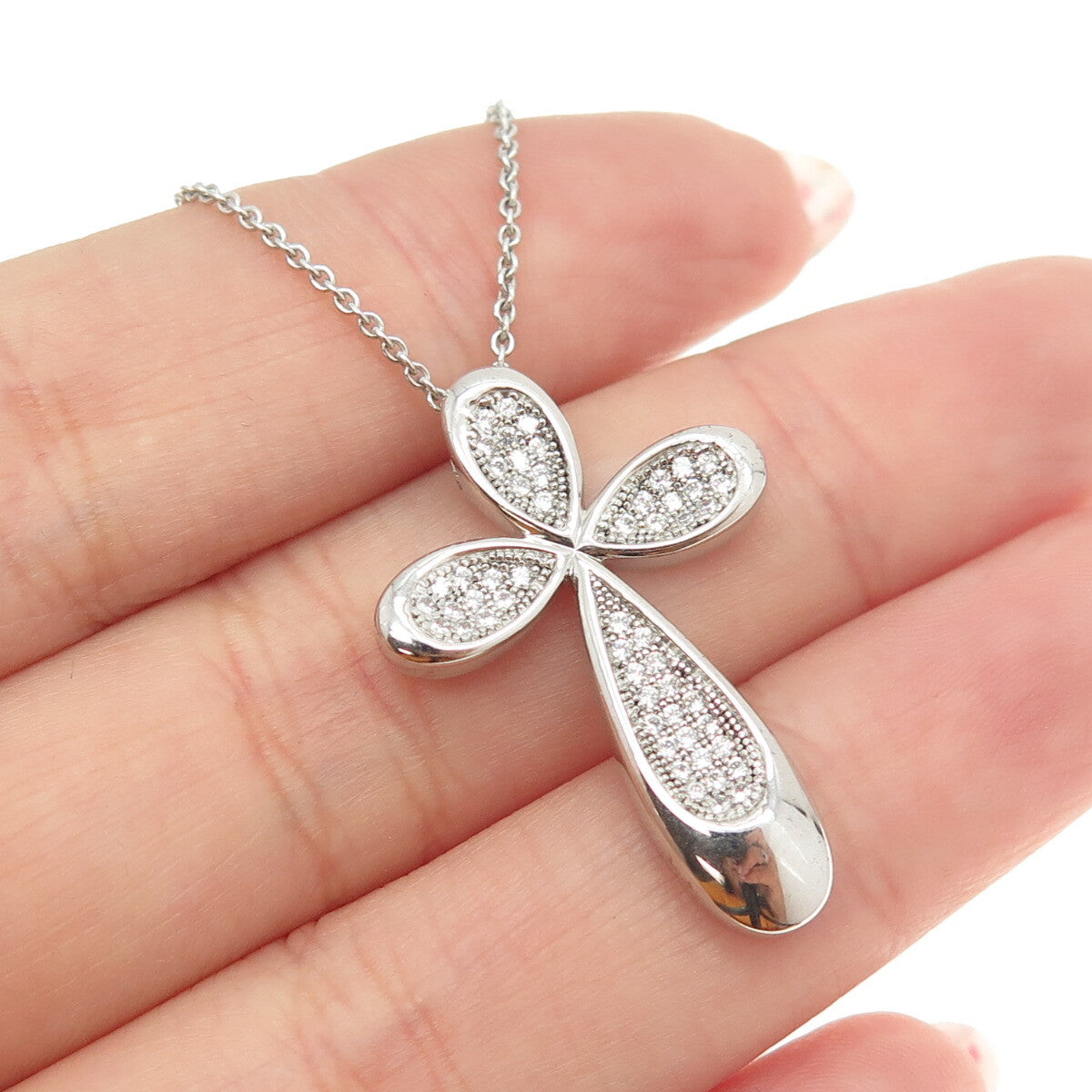 925 Sterling Silver Italy Round-Cut C Z Sparkle Cross Cable Chain Necklace 16"