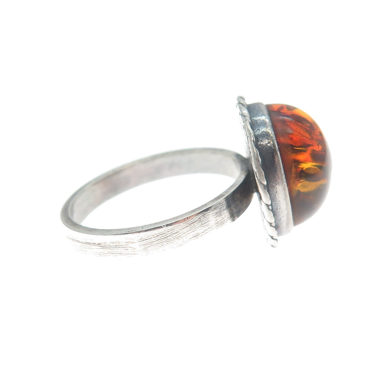 925 Sterling Silver Vintage Real Amber Modernist Oxidized Ring Size 6.5