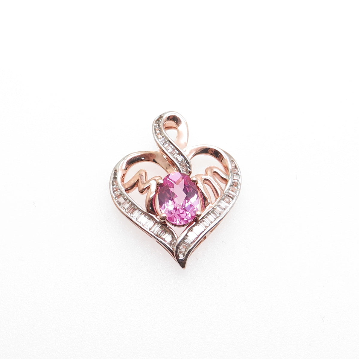 925 Sterling Rose Gold Plated Real Pink & White Topaz Mom Heart Charm Pendant