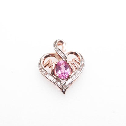 925 Sterling Rose Gold Plated Real Pink & White Topaz Mom Heart Charm Pendant