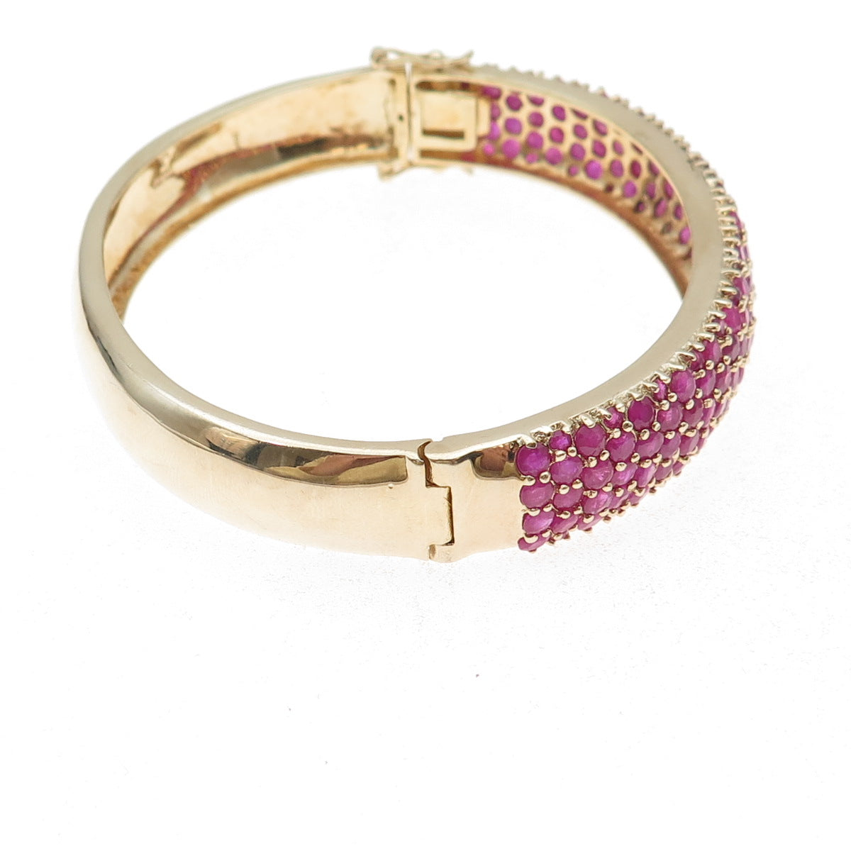 925 Sterling Silver Gold Plated Real Round-Cut Ruby Bangle Bracelet 7.25"