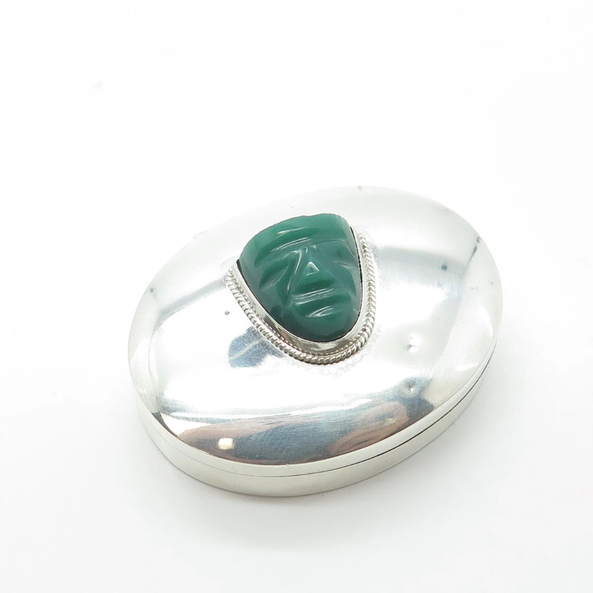 925 Sterling Silver Vintage Real Green Onyx Gemstone Tribal Face Box / Case