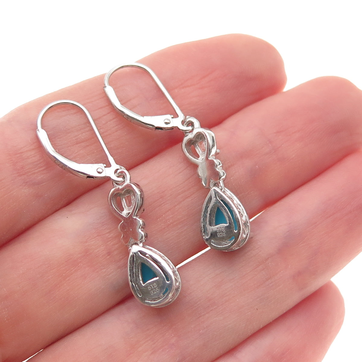 Chuck Clemency 925 Sterling Silver Real Turquoise & White Topaz Dangle Earrings