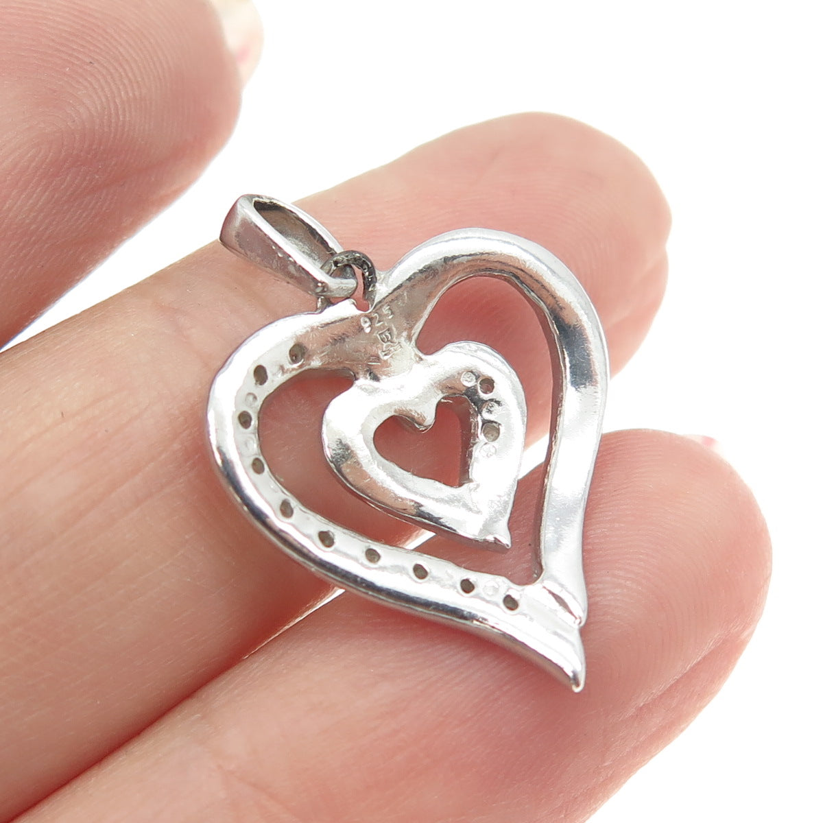 925 Sterling Silver Real Round-Cut Diamond Double Heart Pendant