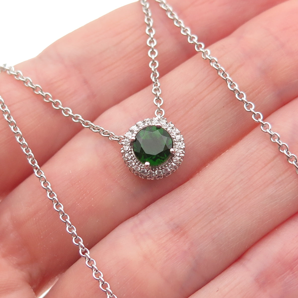 925 Sterling Silver Real Round-Cut Peridot & C Z Cable Chain Necklace 16-18"