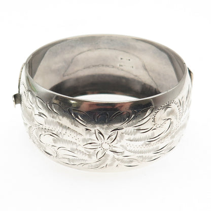 WINMOR 925 Sterling Silver Antique Art Deco Floral Wide Bangle Bracelet 7.5"