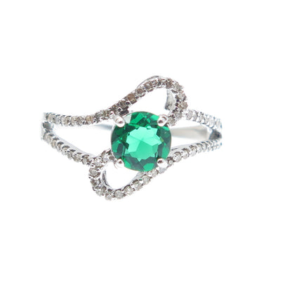 925 Sterling Silver Real Round-Cut Diamond & Chrome Diopside Ring Size 7.5