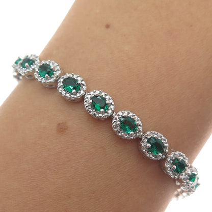 925 Sterling Silver Real Round-Cut Diamond & Crome Diopside Bracelet 7.5"