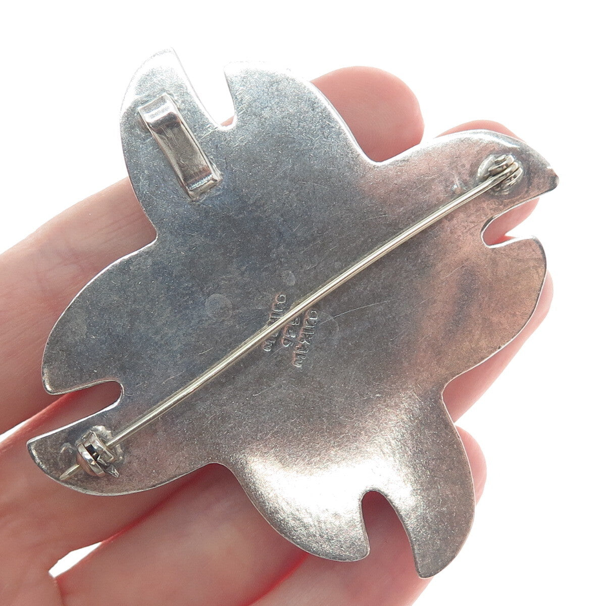 925 Sterling Silver Vintage Mexico Modernist Flower Oxidized Pin Pendant