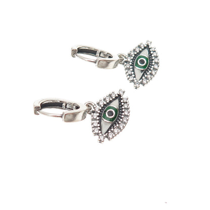 925 Sterling Silver Enamel & C Z Evil's Eye Dangle Charm Hoop Earrings