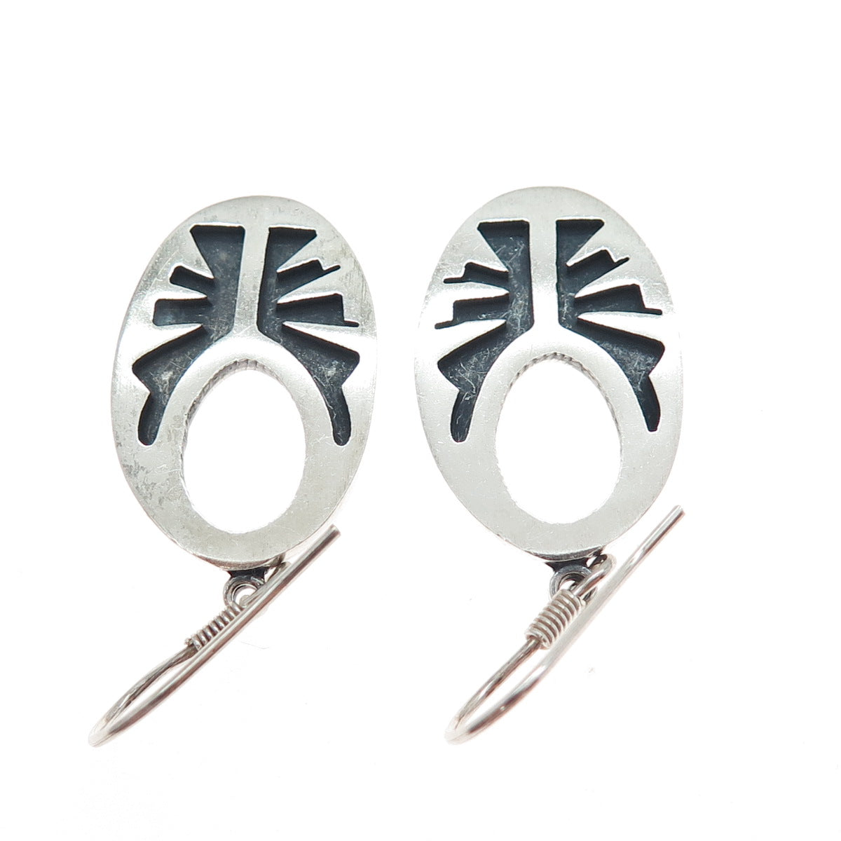 925 Sterling Silver Vintage Mexico Tribal Symbol Oxidized Dangle Earrings