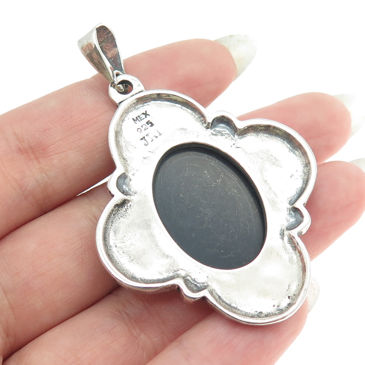 925 Sterling Silver Vintage Mexico Real Black Onyx Floral Cross Pendant