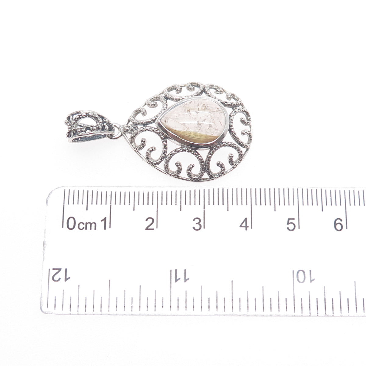 925 Sterling Silver Vintage Real Rutilated Quartz Ornate Teardrop Charm Pendant