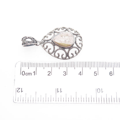 925 Sterling Silver Vintage Real Rutilated Quartz Ornate Teardrop Charm Pendant