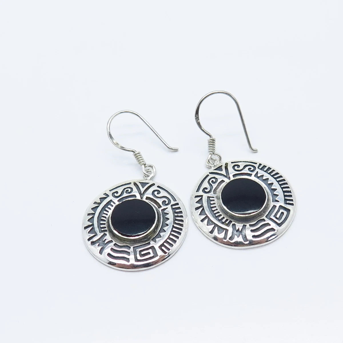 925 Sterling Silver Vintage Real Black Onyx Gemstone Tribal Dangling Earrings
