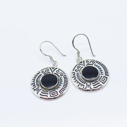 925 Sterling Silver Vintage Real Black Onyx Gemstone Tribal Dangling Earrings
