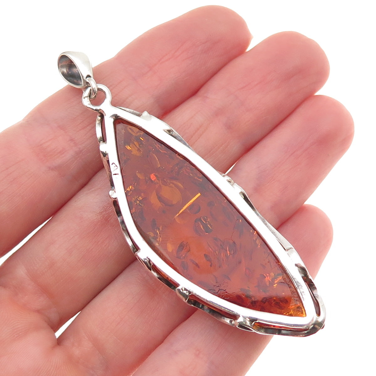 925 Sterling Silver Vintage K Poland Real Amber Modernist Oxidized Pendant