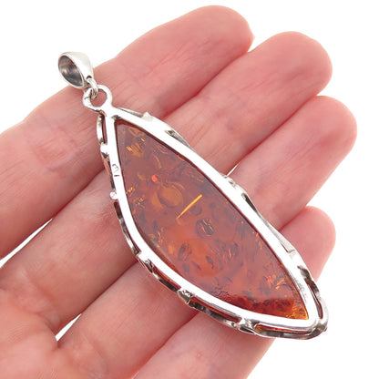 925 Sterling Silver Vintage K Poland Real Amber Modernist Oxidized Pendant