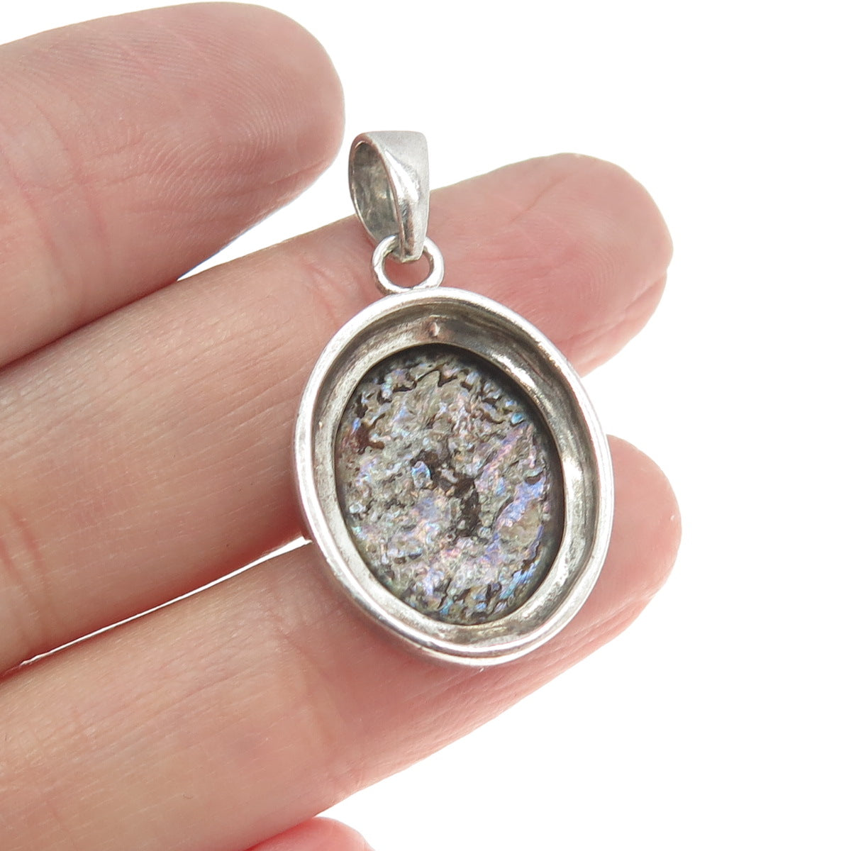 925 Sterling Silver Vintage Real Abalone Shell Oval Pendant