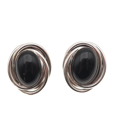 Peter Brams 925 Sterling Silver 14K Gold Posts Vintage Real Black Onyx Earrings