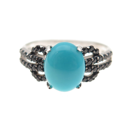 925 Sterling Silver Real Kingman Turquoise & Black Spinel Ring Size 8