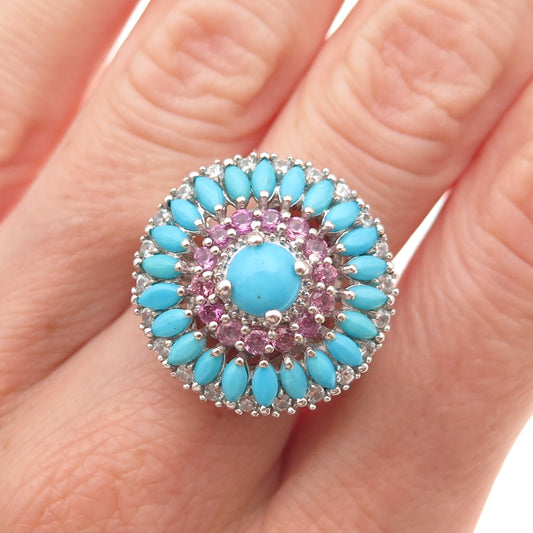 Chuck Clemency Sterling Silver Real Turquoise Pink & White Topaz Ring Size 8.25