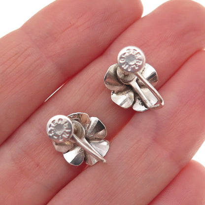925 Sterling Silver Antique Art Deco Floral Blossom Screw Back Earrings