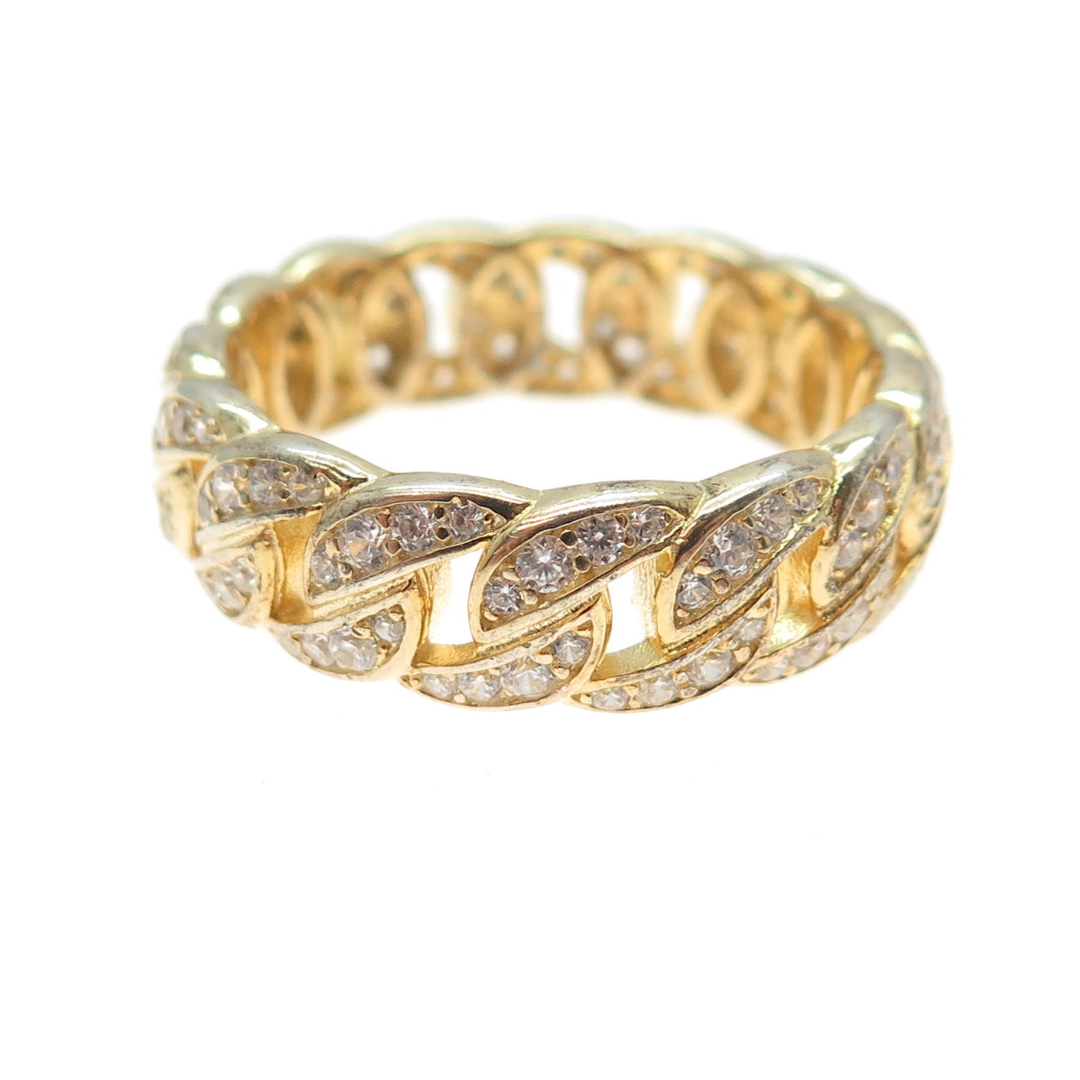 925 Sterling Silver Gold Plated Round-Cut C Z Curb Link Band Ring Size 13