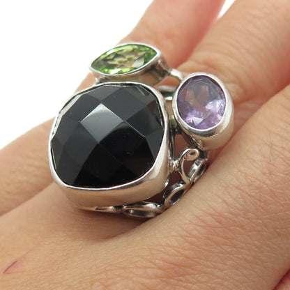 925 Sterling Silver Vintage Real Black Onyx Amethyst & Peridot Ring Size 5.5