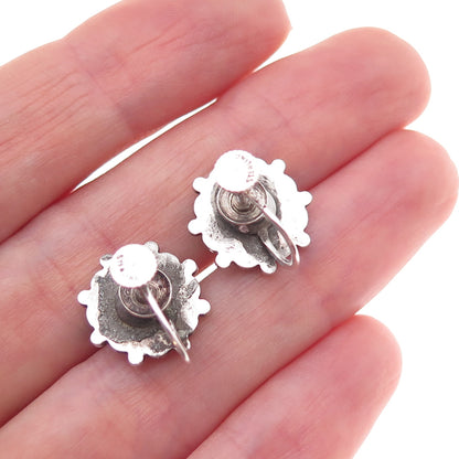 Old Pawn 925 Sterling Silver Vintage Turquoise Floral Tribal Screw Back Earrings