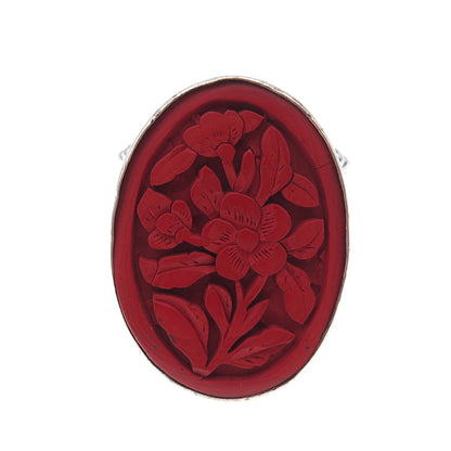 Sajen 925 Sterling Silver Vintage Carved Cinnabar Adjustable Ring Size 9.25