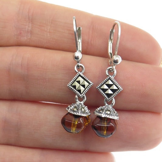 925 Sterling Silver Vintage Real Amethyst & Marcasite Gemstone Dangle Earrings