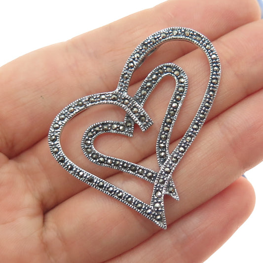 925 Sterling Silver Vintage Real Double Heart Marcasite Oxidized Slide Pendant