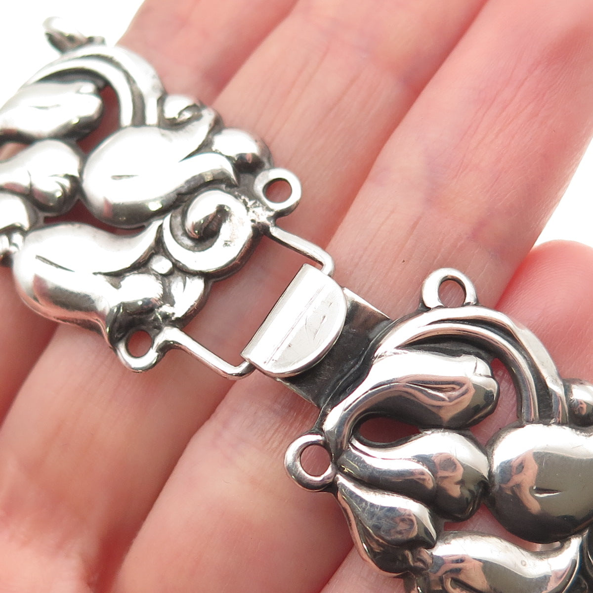 925 Sterling Silver Antique Art Deco Floral Oxidized Panel Link Bracelet 6.75"