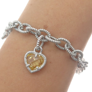 JUDITH RIPKA 925 Sterling Silver Canary C Z Heart Dangle Charm Bracelet 7"