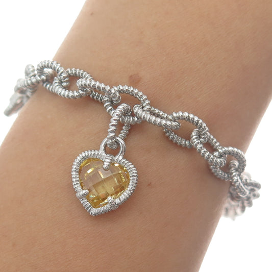 JUDITH RIPKA 925 Sterling Silver Canary C Z Heart Dangle Charm Bracelet 7"
