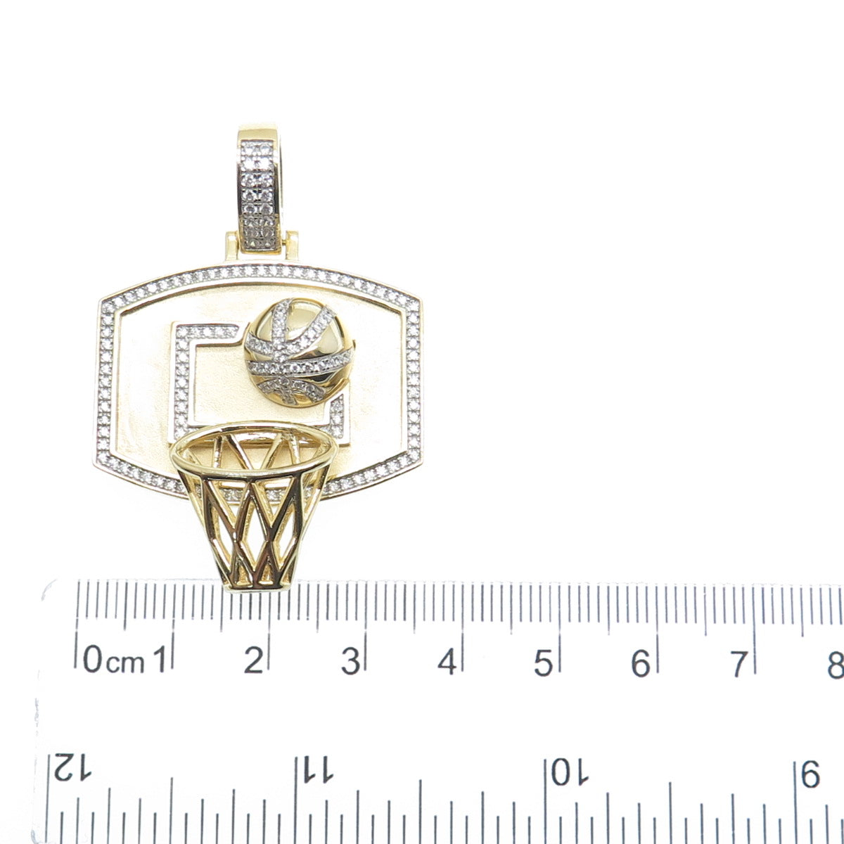 925 Sterling Silver Gold Plated Round-Cut C Z Basketball Hoop Pendant