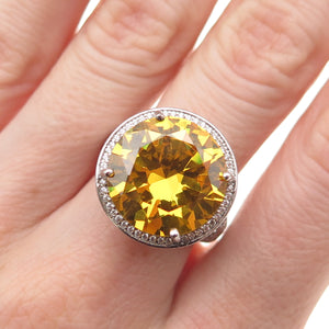 925 Sterling Silver Round-Cut Canary & White C Z Ring Size 7