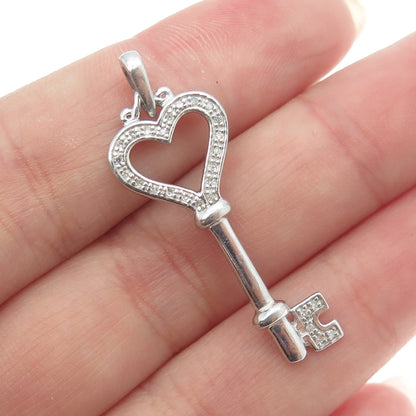 925 Sterling Silver Real Round-Cut Diamond Love Key Heart Pendant