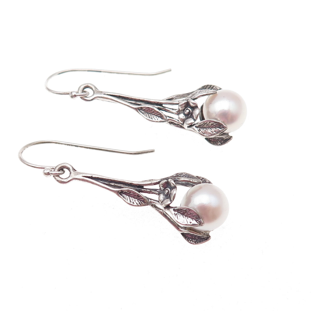 925 Sterling Silver Vintage Israel Real Pearl Floral Oxidized Dangle Earrings