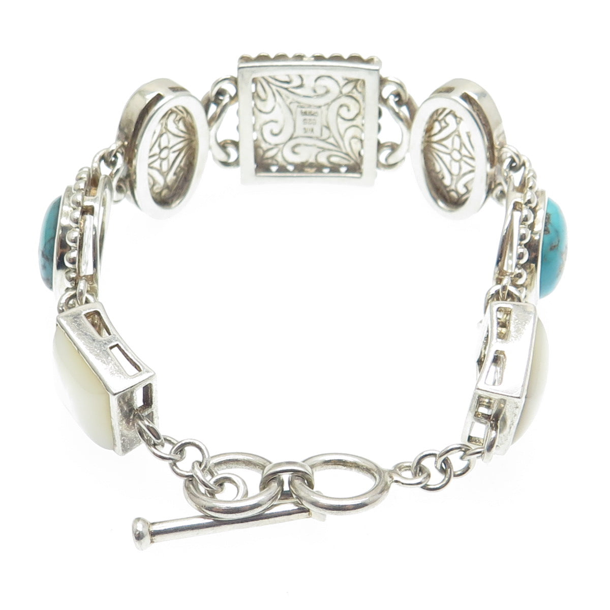 WHITNEY KELLY Sterling Silver Vintage Agate Turquoise Lapis MOP Bracelet 7-7.25"