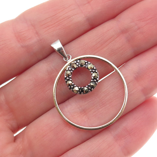 925 Sterling Silver Vintage Real Marcasite Multi-Circle Charm Pendant