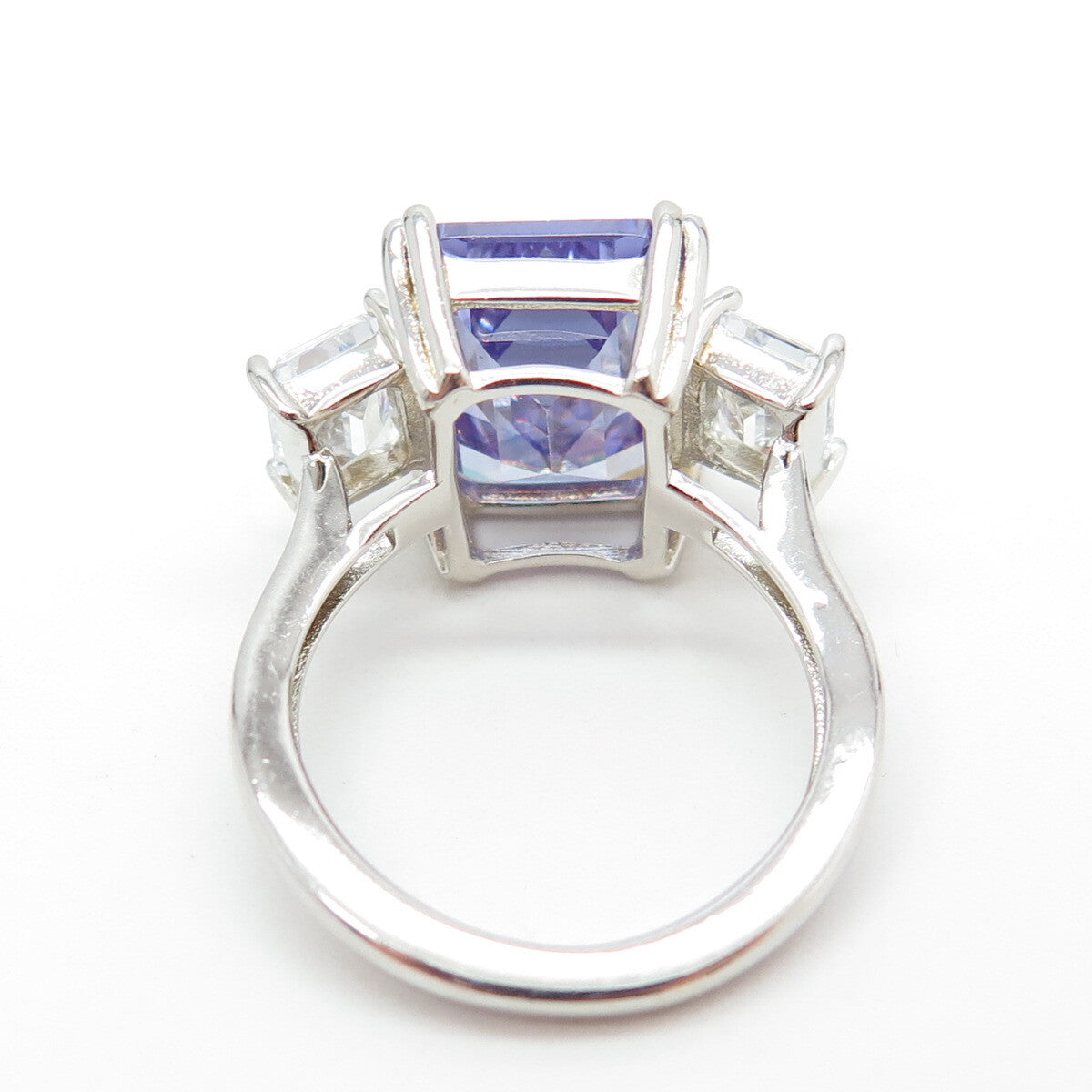 925 Sterling Silver Emerald-Cut Purple & White C Z Ring Size 7.25