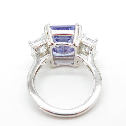 925 Sterling Silver Emerald-Cut Purple & White C Z Ring Size 7.25